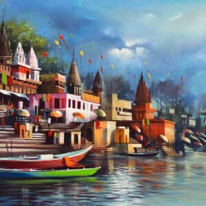 Original acrylic painting of Varanasi ghats on canvas titled The Light of Faith by ArtKalp